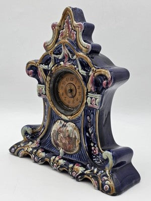 Rare Antique 19th C Porcelain Majelica Mantel Clock Hand Painted French. Read.