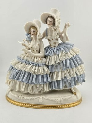 Antique Sitzendorf Dresden Lace Figurine 2 Victorian Ladies Germany Porcelain