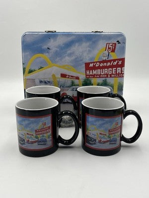 McDonalds Tin With Set Of 4 Coffee Mugs Cups 15 Cent Hamburger Retro MCM