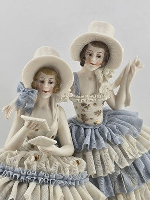 Antique Sitzendorf Dresden Lace Figurine 2 Victorian Ladies Germany Porcelain