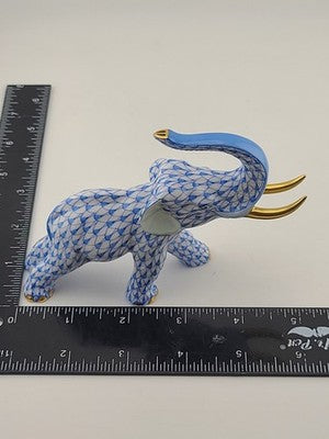 Herend Blue Fishnet Charging Elephant Figurine VHB Artist Signed Vecsey Tamas