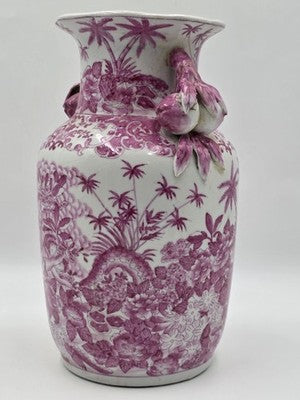 Vintage Chinese Porcelain Pink Chinoiserie Vase w Pommegranate Flowered Handles