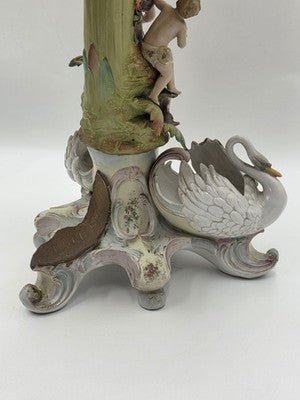 Rare Antique German Dresden Porcelain Figural Lamp Lady Cherub Swans 29"
