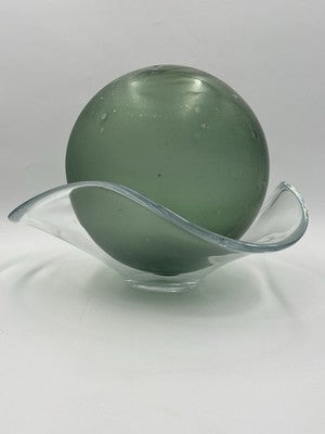 Rare Large Hand Blown Art Glass Orb Sphere w/ Freeform Murano Style Bowl Stand