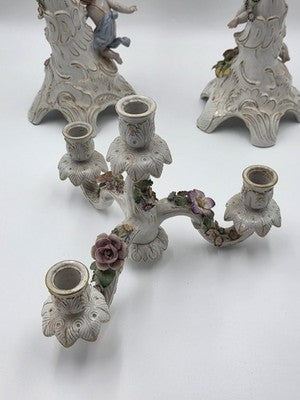 Rare 19th C Antique Pair Schierholz Dresden Porcelain Cherub Floral Candelabras