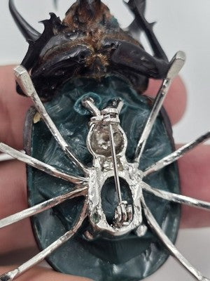Rare Vintage Real Rhinoceros Beetle Insect Brooch Crystal Jeweled Taxidermy Pin
