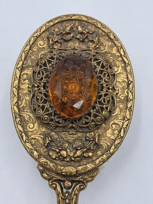Antique Ornate Gilt Ormolu Vanity Set Amber Glass Jewelry Casket Mirror Brush