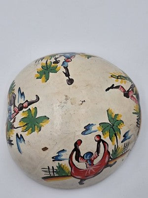Antique 1930's Haitian Folk Art Coconut Shell Calabash Hand Painted Bowl Signed