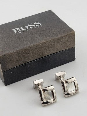 Rare Vintage Hugo Boss - Silver-Tone Mother-of-Pearl Cufflinks - Original Box.