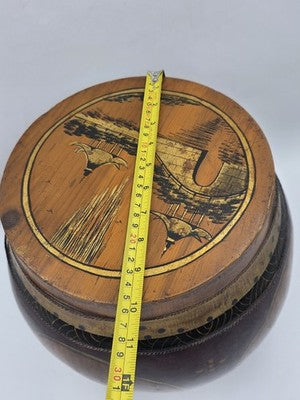 Antique Asian Hand Painted Rice Barrel Wooden Lidded Storage Bucket Bird Pagoda