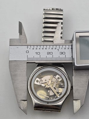 Vintage 1980's Swatch Skeleton Quartz Swiss Watch Expandable Band Runs. New Bat.