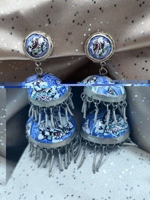 Rare Antique Hand Painted Filigree Silver Lantern Chandelier Dangling Earrings.