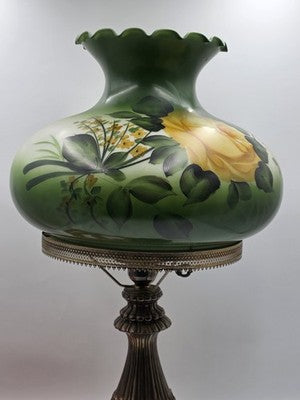 Antique Victorian Style Hurricane Lamp Electric Floral Shade Ornate Brass Base