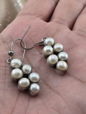 Vintage 925 Sterling Silver Cultured Pearl Cluster Dangle Earrings Pair. 1.5"