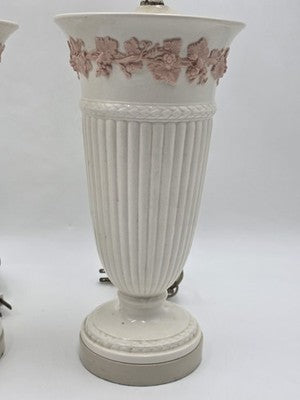 Pair Wedgwood Queensware Jasperware Cream Pink Grapevine Relief Table Lamps 24"