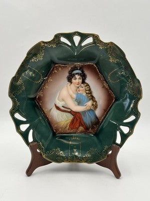 Rare Pair Of Antique 19th C Prussian Portrait Plate Green & gold Hand Painted