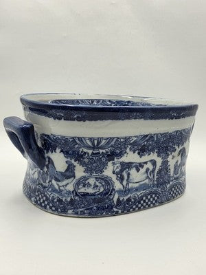 Pair XL Blue White Transferware Cachepot Jardiniere Planters Farm Animal Decor