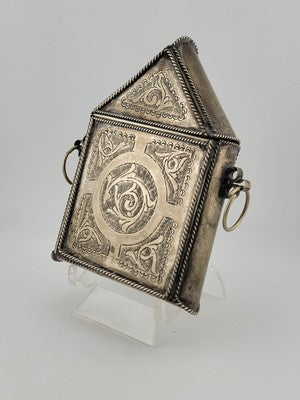 Rare Antique Engraved Quran Holder Box Ornate Koran Silver Case w Chain Handle.