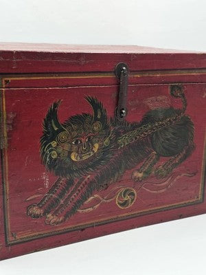 Rare XL Antique 19th C Distressed Tibetan Style Foo Dog Lion Storage Chest Box.