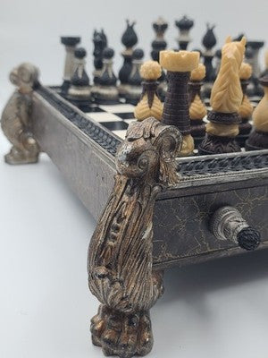 Rare Vintage Large Renaissance Style Resin Chess Set w Drawer Medieval Board 16”