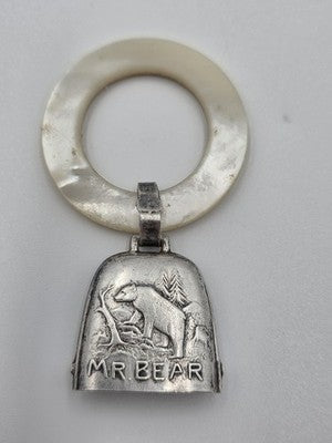 Pair Antique Sterling Silver Mother Of Pearl Baby Teething Rattles Mr Bear Goose