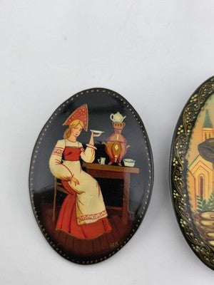 Rare Set Of 5 Vintage Hand Painted Brooch Pins Black Lacquer Russian Folk Art