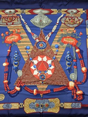 Hermès Silk Scarf 90 “Tibet” Cathy Latham Blue Red Gold Tibetan Jewelry Motif