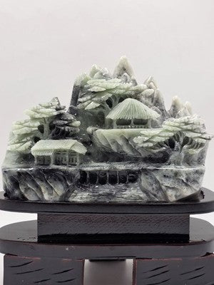 Vtg 11" Old Chinese Dushan Jade Carving Mountain Water Pine Tree Ship Sculpture