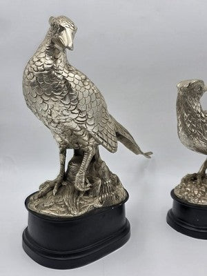 Vintage Pair XL Castilian Brass Pheasant Sculptures Cock Hen on Base 14 inch.