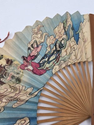 Pair Of Chinese Fan Immortals Hand Colored Silk Carved Wood 24" Calligraphy Back