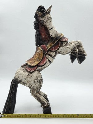 Vintage Mexico Folk Art Rearing Horse Hand Carved  & Painted Wood Sculpture Read