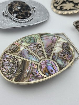 Vintage Western Belt Buckle Lot Abalone Mexico Stone Floral Cowboy 4 Pc Lot.