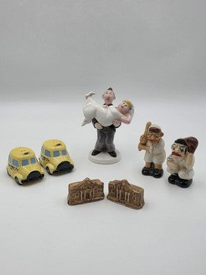 Vintage Lot Of 4 Slat & Pepper Shaker Taxi Cab Alamo Bride Groom Baseball Figure
