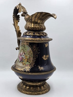 Antique French Cobalt Blue Porcelain &Brass Ewer Fragonard Scene Gilt Bronze 23"