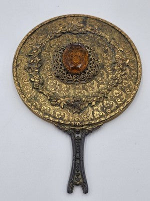 Antique Ornate Gilt Ormolu Vanity Set Amber Glass Jewelry Casket Mirror Brush