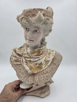 Antique 1890's German Porcelain Bust Hand Painted Gilt Victorian Woman Sculpture