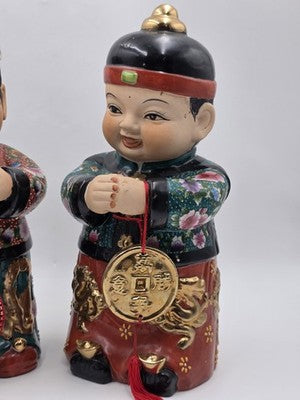 XL 15 inch Vintage Chinese Boy & Girl Prosperity Figurines Pair Good Luck Wealth
