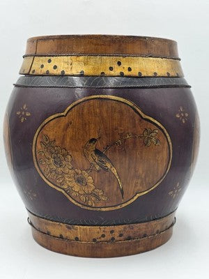 Antique Asian Hand Painted Rice Barrel Wooden Lidded Storage Bucket Bird Pagoda