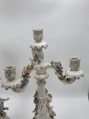 Rare 19th C Antique Pair Schierholz Dresden Porcelain Cherub Floral Candelabras