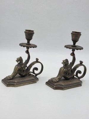 Antique Pair Solid Bronze Griffin Candlesticks Renaissance Revival Winged Lions