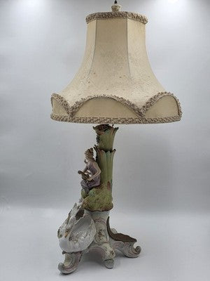 Rare Antique German Dresden Porcelain Figural Lamp Lady Cherub Swans 29"