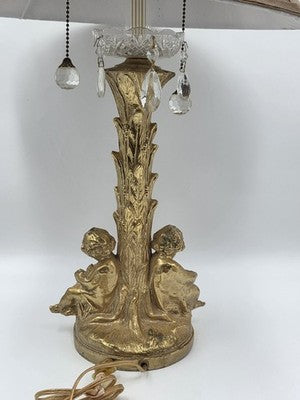 Antique Large Solid Brass Cherub Putti Table Lamp Hollywood Regency Gold. Works