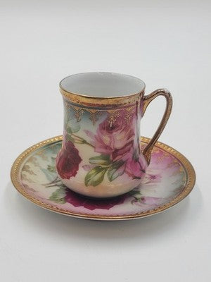 Antique 19th C C.S. Prussia Handpainted Demitasse Set 6 Cups Saucers Coffee Pot