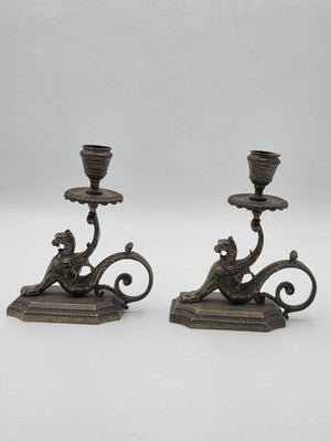 Antique Pair Solid Bronze Griffin Candlesticks Renaissance Revival Winged Lions