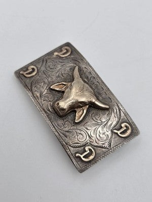 Nelson Co Sterling Silver 10K Solid Gold Bull Head Western Belt Buckle Engraved.