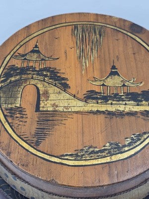Antique Asian Hand Painted Rice Barrel Wooden Lidded Storage Bucket Bird Pagoda