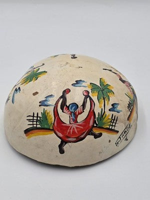 Antique 1930's Haitian Folk Art Coconut Shell Calabash Hand Painted Bowl Signed