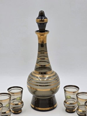 Vintage Amber Bohemia Crystal Decanter Set 6 Glasses Gold Trim Czechoslovkia New