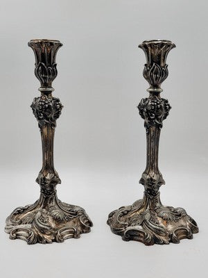 Rare Pair of Antique 1857 English Victorian Silver Plated Elkington Candlesticks