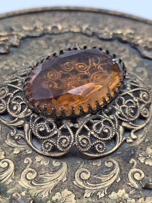 Antique Ornate Gilt Ormolu Vanity Set Amber Glass Jewelry Casket Mirror Brush